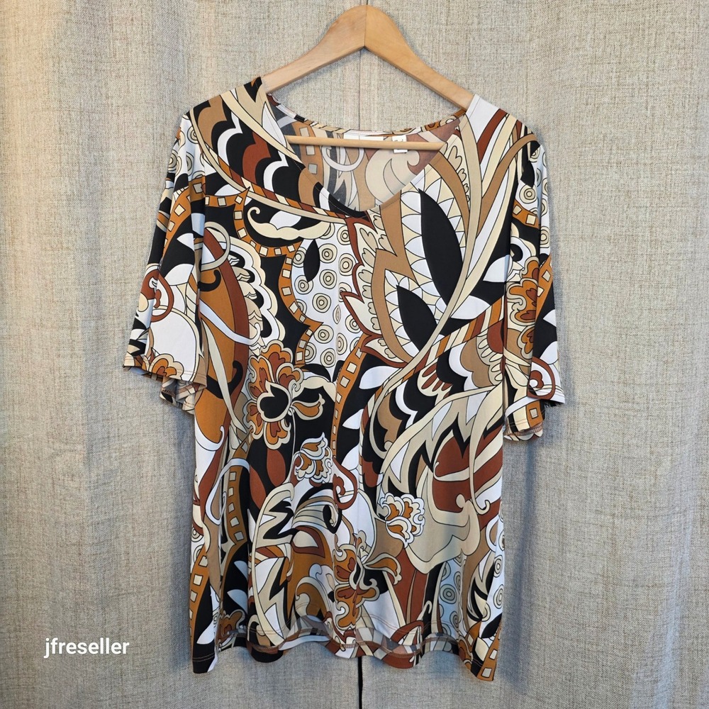 Susan Graver V-Neck Abstract Paisley Floral Top Women's L Tan Brown Bell Sleeve